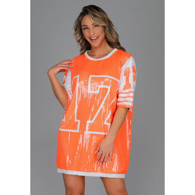 Neonorangefarbenes King's Day Jersey-Kleid mit Pailletten