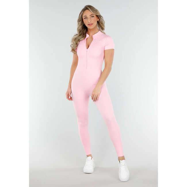 Rosa Stretch-Sport-Overall mit Reißverschluss und kurzen Ärmeln