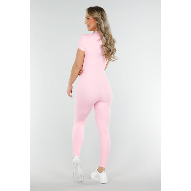 Rosa Stretch-Sport-Overall mit Reißverschluss und kurzen Ärmeln