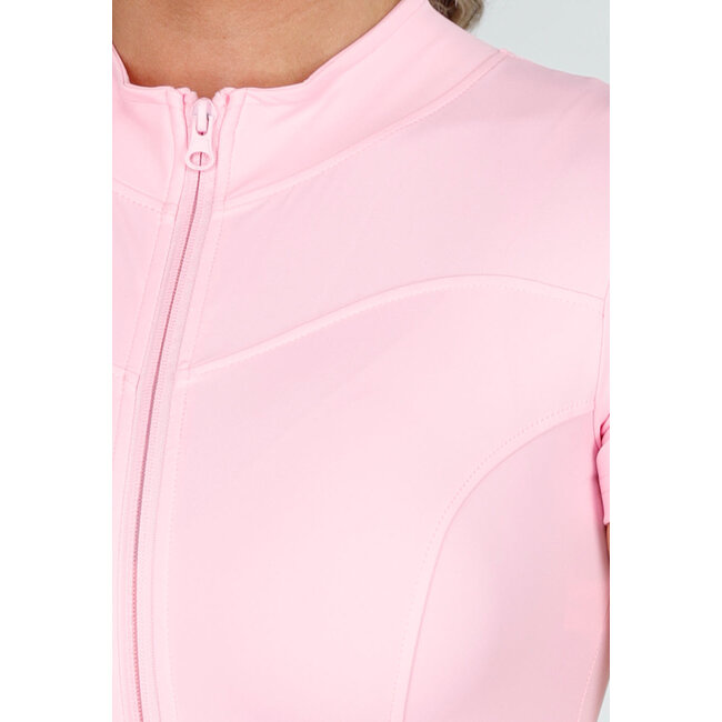 Rosa Stretch-Sport-Overall mit Reißverschluss und kurzen Ärmeln