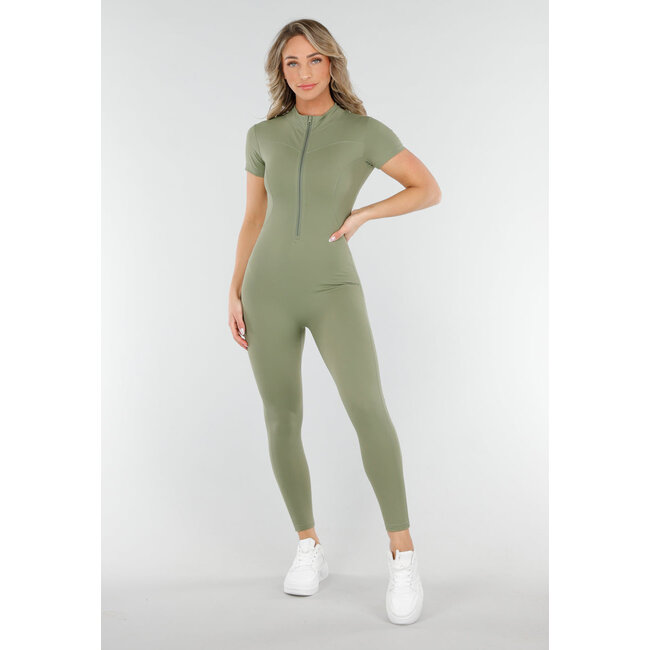 Khakigrüner Stretch-Sport-Overall mit Reißverschluss