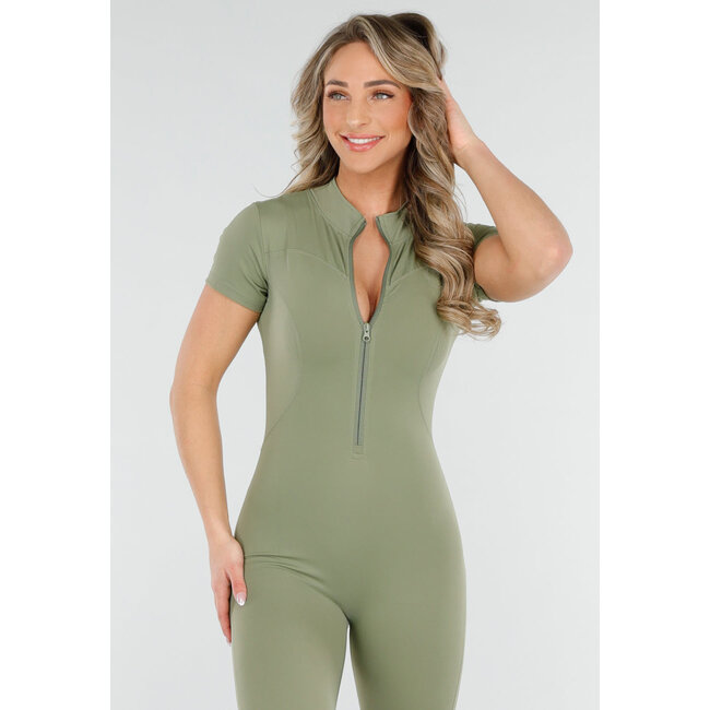 Khakigrüner Stretch-Sport-Overall mit Reißverschluss