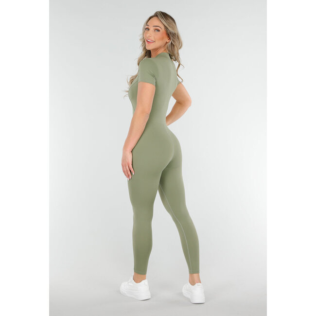 Khakigrüner Stretch-Sport-Overall mit Reißverschluss