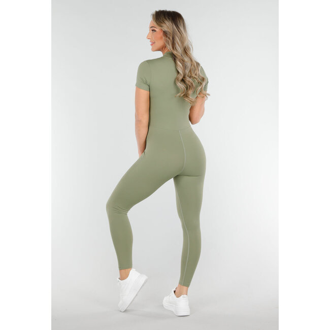 Khakigrüner Stretch-Sport-Overall mit Reißverschluss