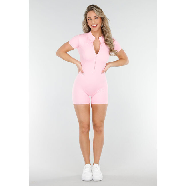 Hellrosa Stretch-Sportanzug mit Reissverschluss