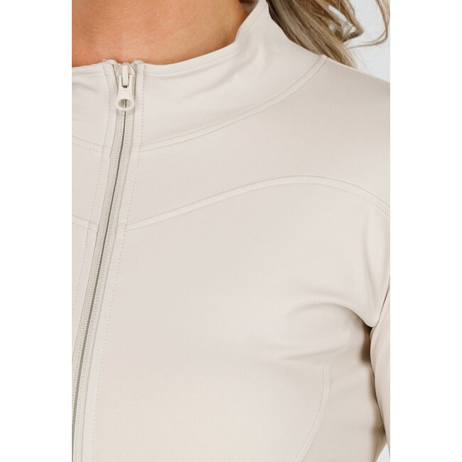 Taillierte beigefarbene Stretch-Sportstrickjacke mit Daumenlöchern und Stehkragen
