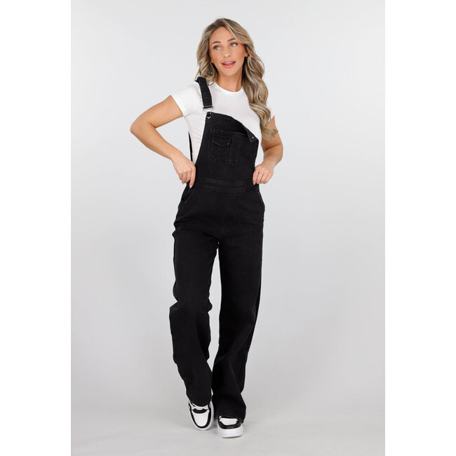 Schwarzer ärmelloser Jumpsuit mit Hosenträgern und Knopfverschluss