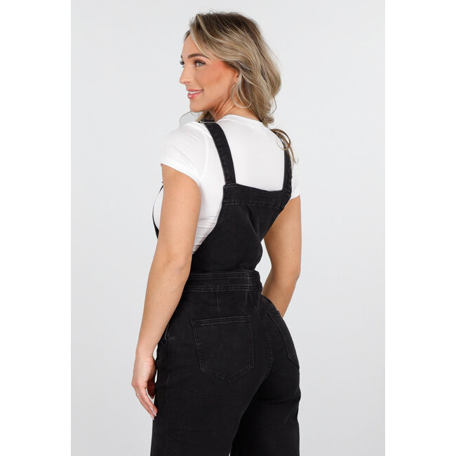 Schwarzer ärmelloser Jumpsuit mit Hosenträgern und Knopfverschluss
