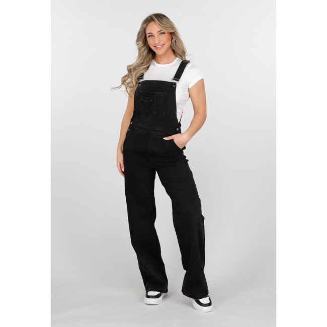 Schwarzer ärmelloser Jumpsuit mit Hosenträgern und Knopfverschluss