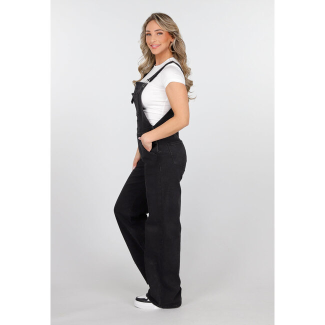Schwarzer ärmelloser Jumpsuit mit Hosenträgern und Knopfverschluss