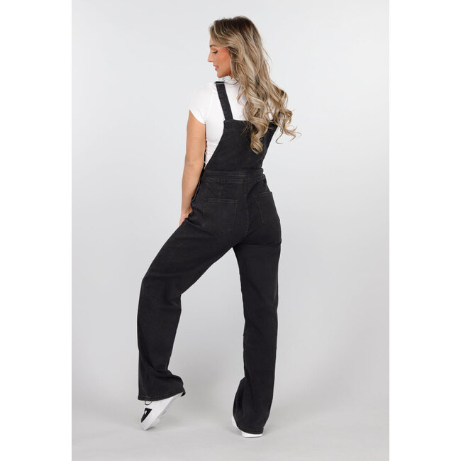 Schwarzer ärmelloser Jumpsuit mit Hosenträgern und Knopfverschluss