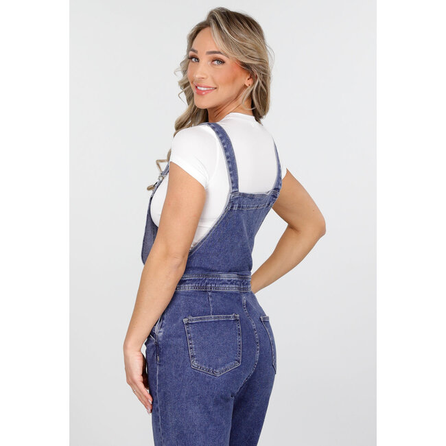 Blaue Denim-Gartenhosen mit Hosenträgern und Knopfverschluss