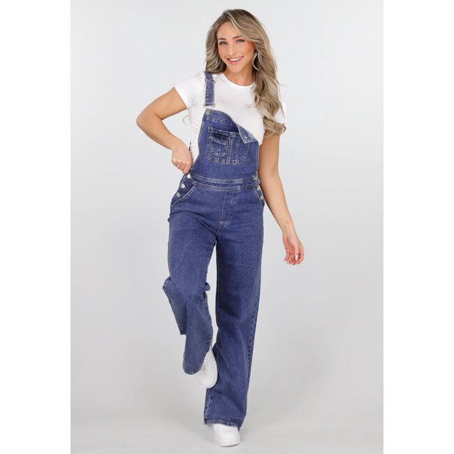 Blaue Denim-Gartenhosen mit Hosenträgern und Knopfverschluss