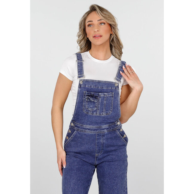 Blaue Denim-Gartenhosen mit Hosenträgern und Knopfverschluss