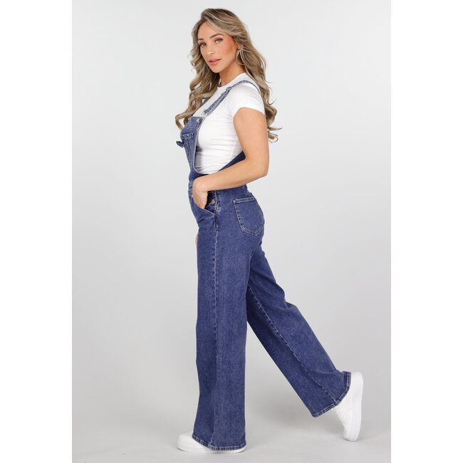 Blaue Denim-Gartenhosen mit Hosenträgern und Knopfverschluss