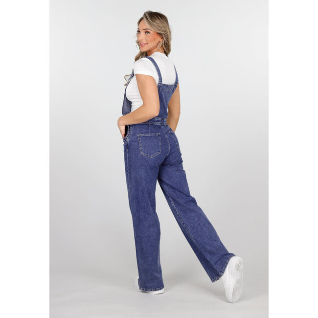 Blaue Denim-Gartenhosen mit Hosenträgern und Knopfverschluss