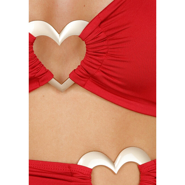Rotes Crop-Top mit Rock Zweiteiler mit Ausschnitten und Metallic-Herzen