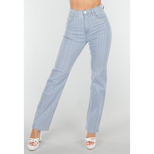 Gestreifte blaue Straight Leg Jeans mit Strasssteinen und leichtem Stretch