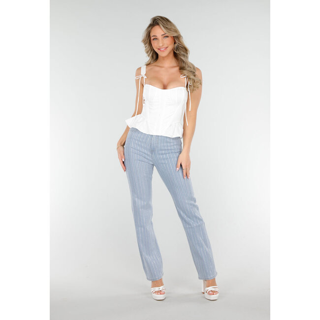 Gestreifte blaue Straight Leg Jeans mit Strasssteinen und leichtem Stretch