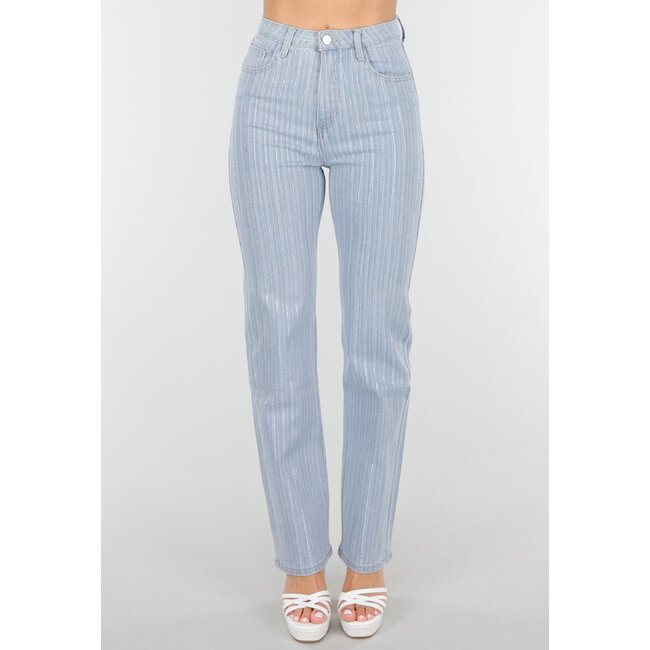 Gestreifte blaue Straight Leg Jeans mit Strasssteinen und leichtem Stretch