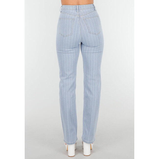 Gestreifte blaue Straight Leg Jeans mit Strasssteinen und leichtem Stretch