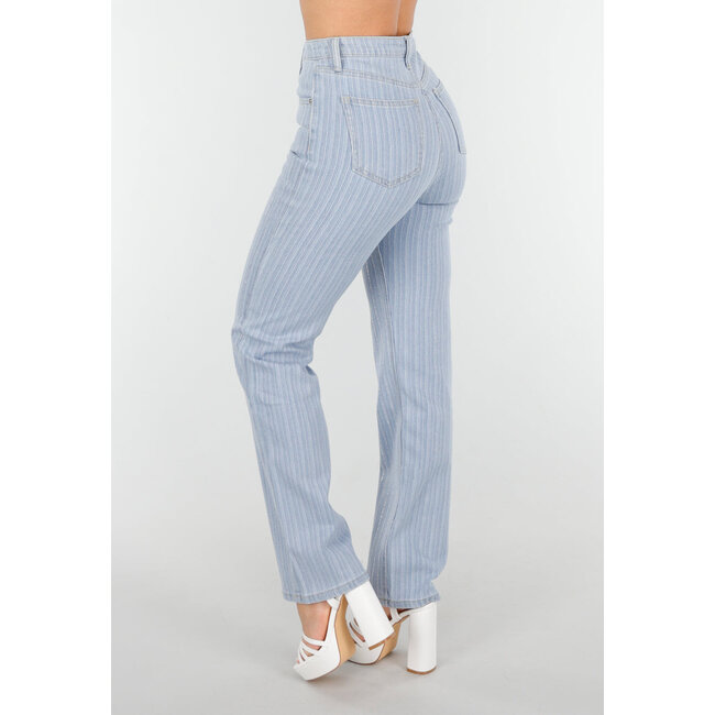 Gestreifte blaue Straight Leg Jeans mit Strasssteinen und leichtem Stretch