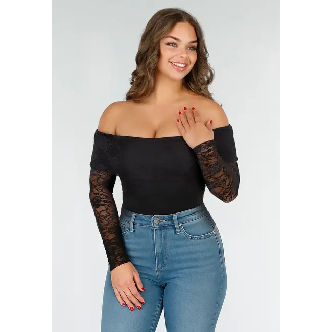 Schwarzer Off-Shoulder LaceyBody mit langen Ärmeln