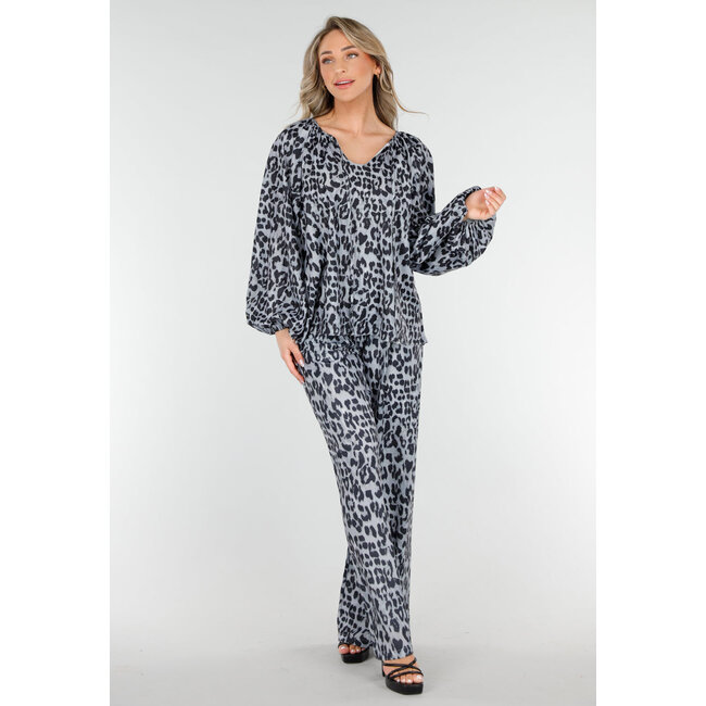 Leopardenmuster Lange Ärmel mit Gummizug Bluse mit Kordelzug