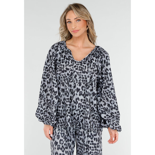 Leopardenmuster Lange Ärmel mit Gummizug Bluse mit Kordelzug