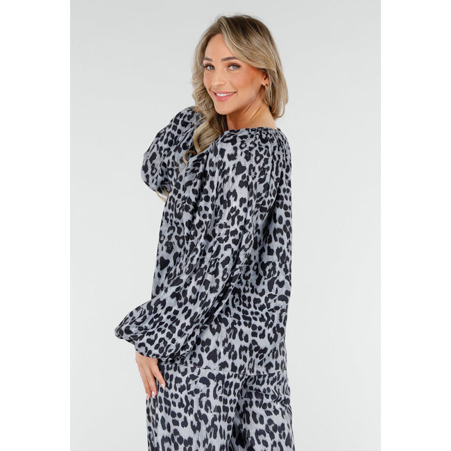 Leopardenmuster Lange Ärmel mit Gummizug Bluse mit Kordelzug