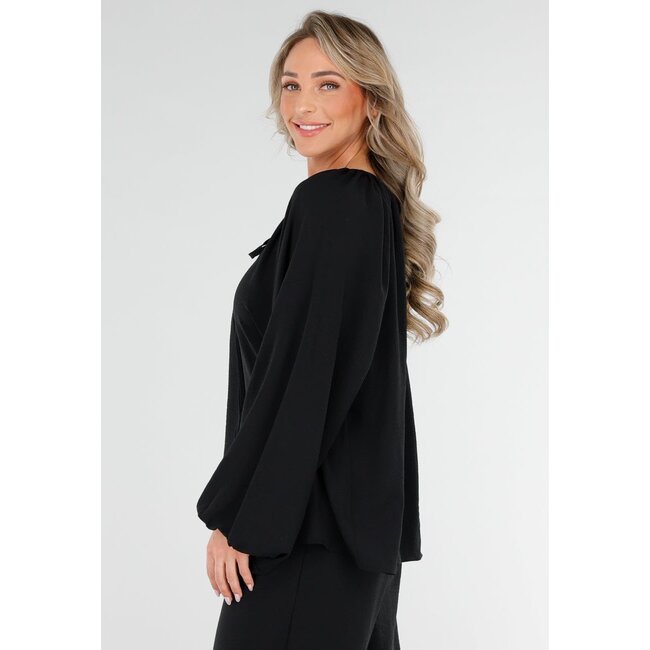 Schwarze geknöpfte Bluse mit V-Ausschnitt und langen Ärmeln