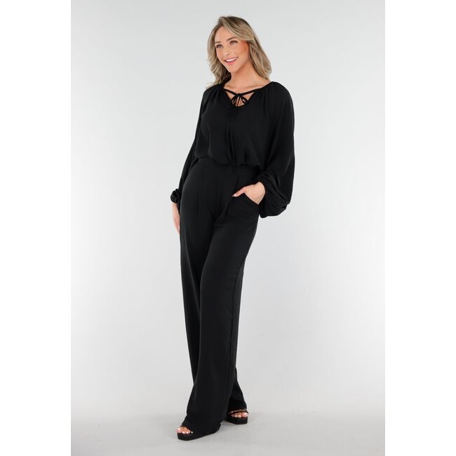 Schwarze geknöpfte Bluse mit V-Ausschnitt und langen Ärmeln