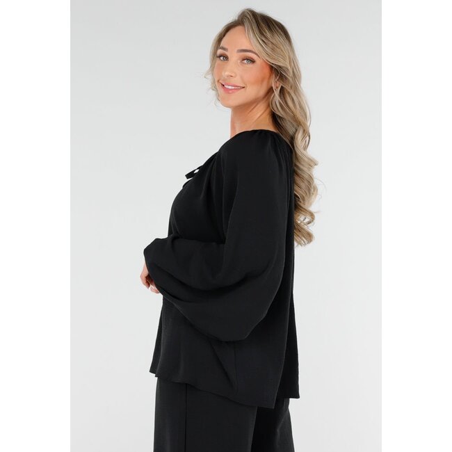 Schwarze geknöpfte Bluse mit V-Ausschnitt und langen Ärmeln