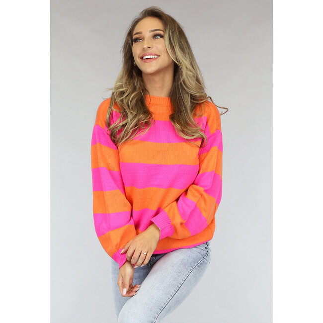 Orange/rosa Pullover mit horizontalen Streifen