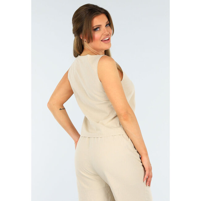 Beigefarbenes Set im Leinenlook mit Weste und weiter Hose mit Schleifenverschluss