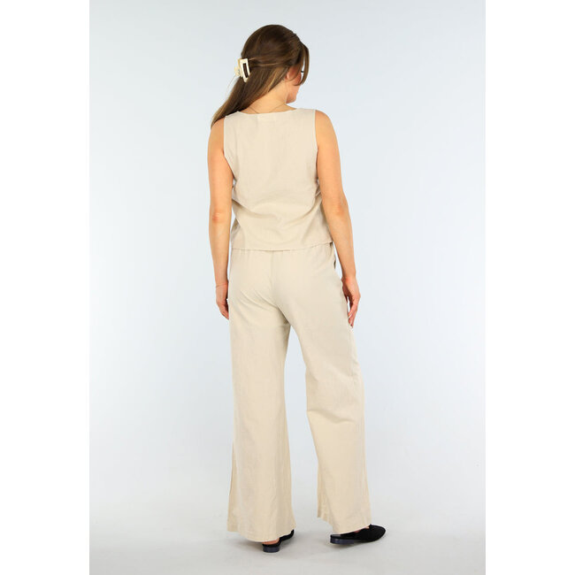 Beigefarbenes Set im Leinenlook mit Weste und weiter Hose mit Schleifenverschluss