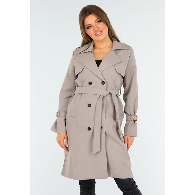 Taupefarbener Trenchcoat mit Knopfverschluss und Schnallen