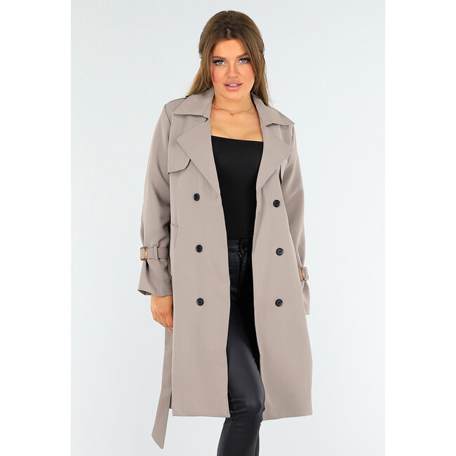 Taupefarbener Trenchcoat mit Knopfverschluss und Schnallen