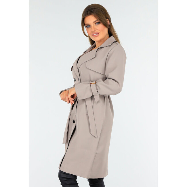 Taupefarbener Trenchcoat mit Knopfverschluss und Schnallen