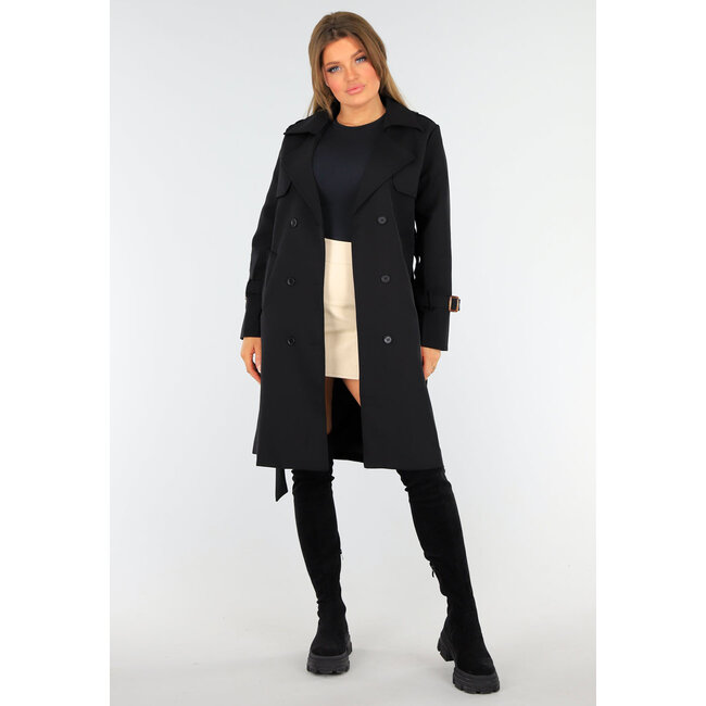 Schwarzer Trenchcoat mit Knopfverschluss und Schnallen