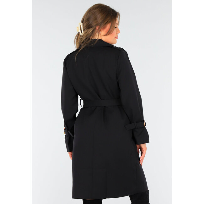 Schwarzer Trenchcoat mit Knopfverschluss und Schnallen