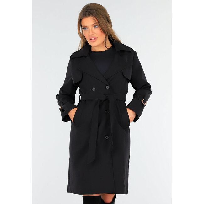 Schwarzer Trenchcoat mit Knopfverschluss und Schnallen