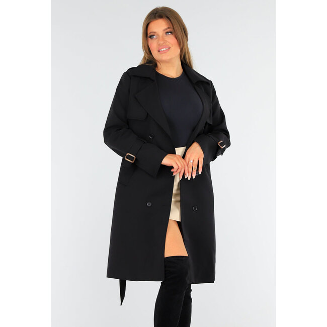 Schwarzer Trenchcoat mit Knopfverschluss und Schnallen