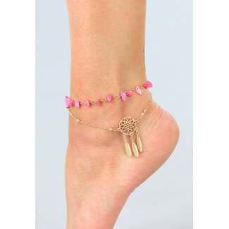 Goldfarbenes Knöchelarmband mit rosa Steinen