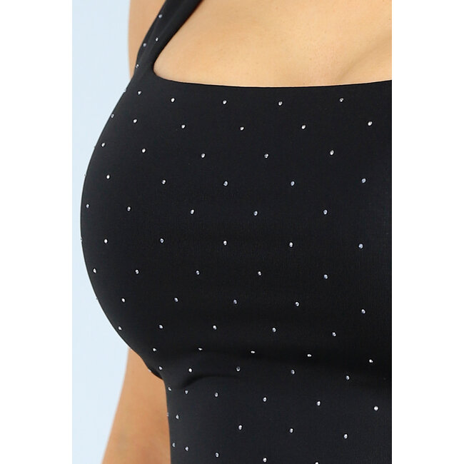 Schwarzes Stretch-Top mit Glitzer und Rundhalsausschnitt