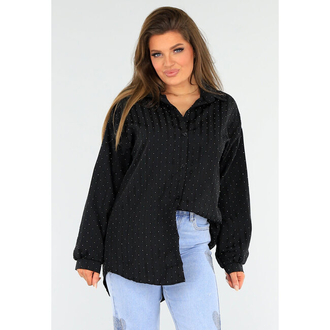 Schwarze Glitzerbluse mit Knopfverschluss und Kragen