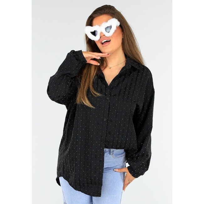 Schwarze Glitzerbluse mit Knopfverschluss und Kragen