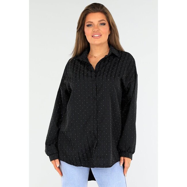 Schwarze Glitzerbluse mit Knopfverschluss und Kragen