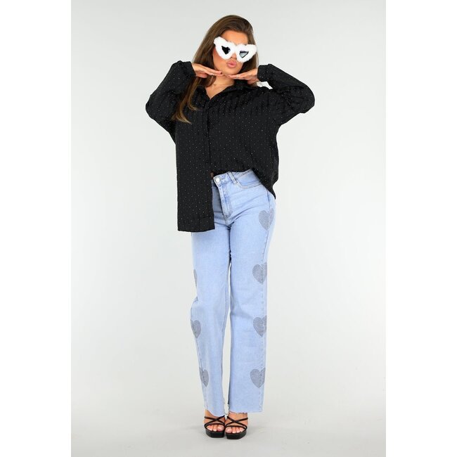 Schwarze Glitzerbluse mit Knopfverschluss und Kragen