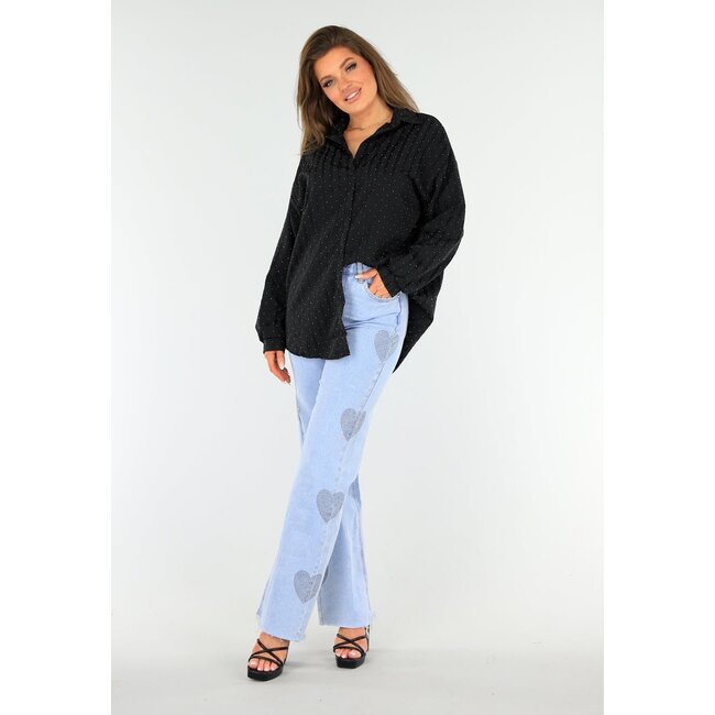 Schwarze Glitzerbluse mit Knopfverschluss und Kragen